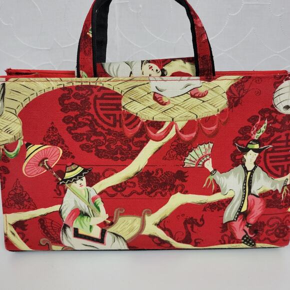 Modella Womens Handbag 11.5" x 8 Red Asian Motif Sequined Double Strap - Picture 8 of 15